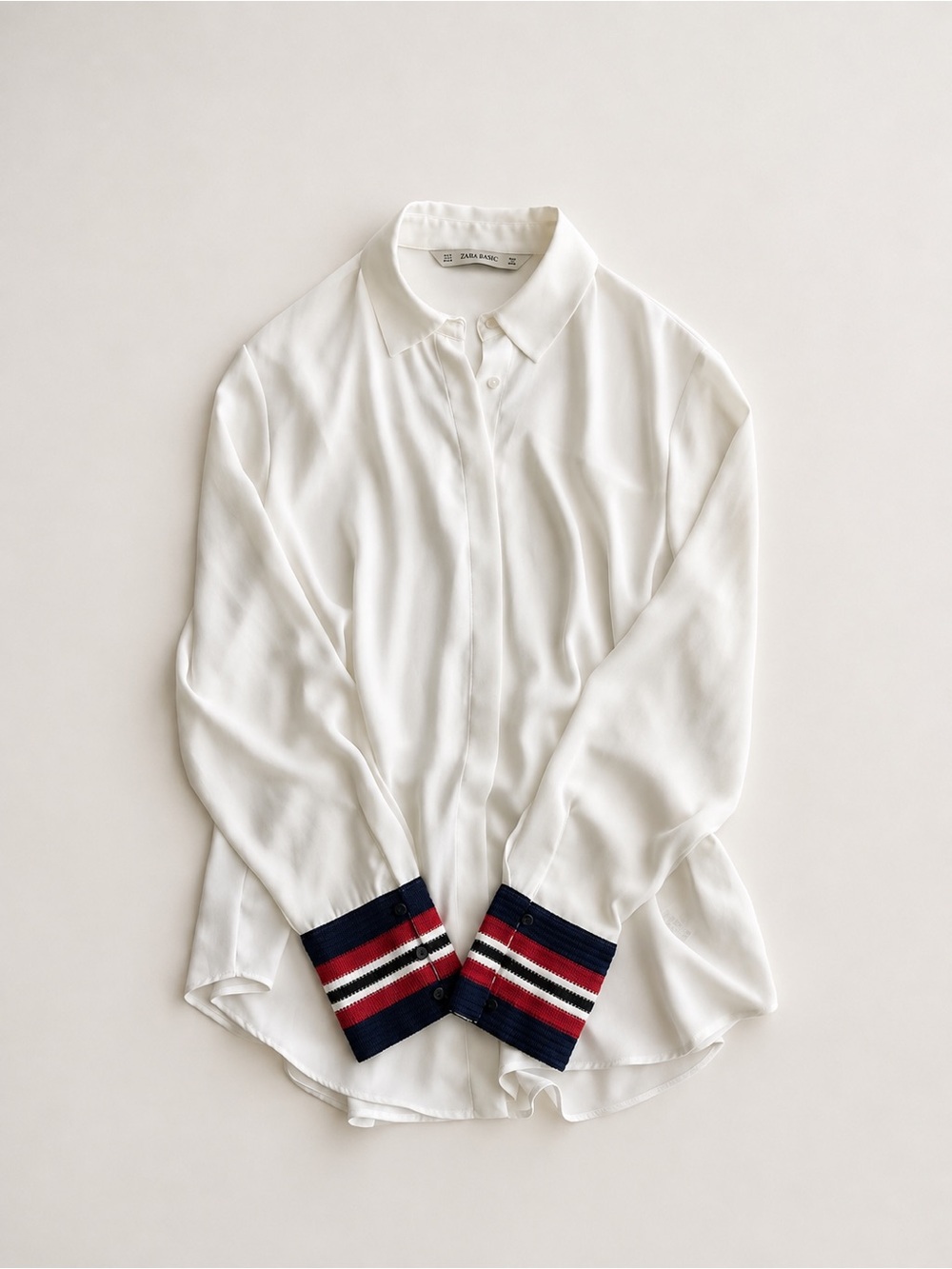 Zara Made in Spain Sheer Ivory Blouse Striped Preppy Cuffs Size Small